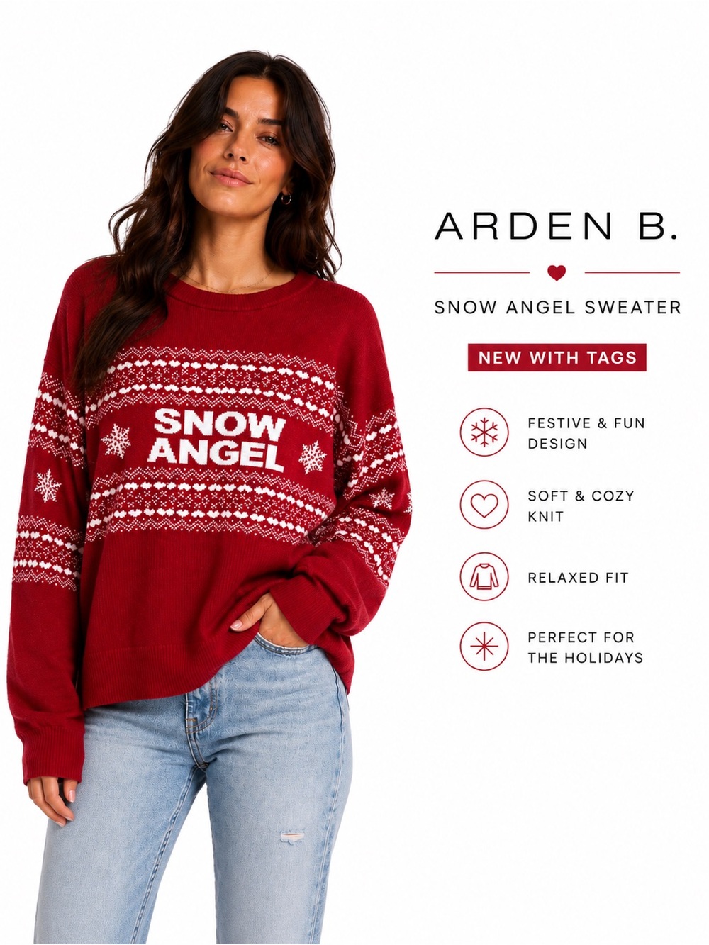 NWT Arden B. Snow Angel Holiday Sweater | Cozy Festive Knit Pullover Large